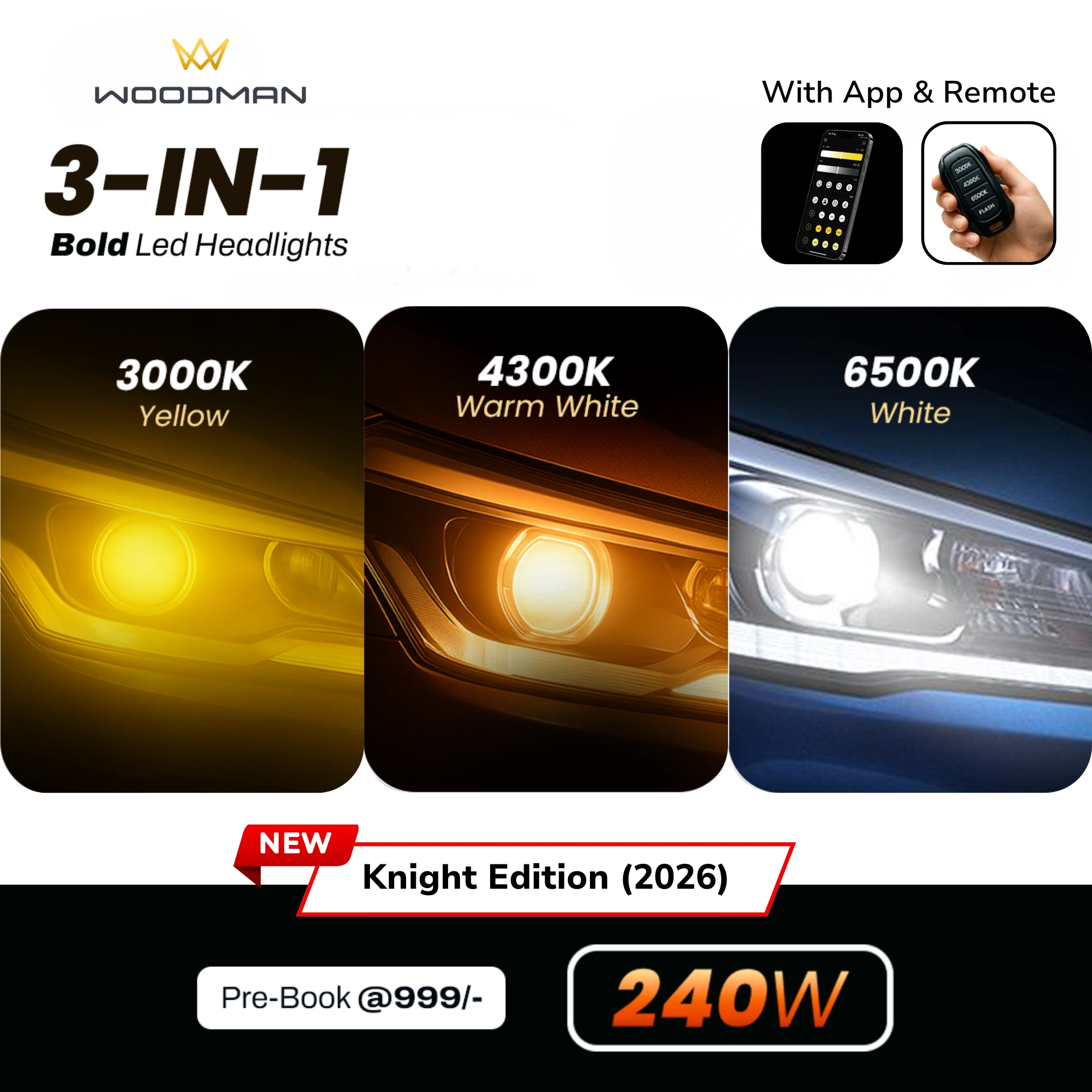 Woodman 240W  3-in-1 Car LED lights with App & Remote (2 Year Warranty)